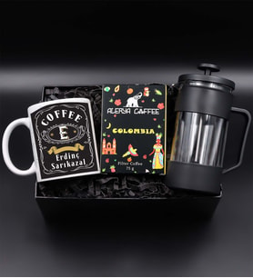 Kişiye Özel Retro Kupa & Alerya Coffe Colombia Filtre Kahve & Siyah French Press Hediye Seti
