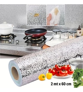 OLLEVRA Rulo Gümüş Alüminyum Folyo Duvar Kağıdı, 2 mt x 60 cm Kendinden Yapışkanlı Raf İçi, Su Geçirmez Folyo