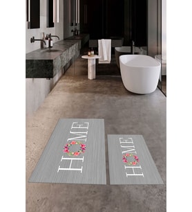 EVDEYA Baskılı Yıkanabilir Çiçekli Home Yazılı İkili Banyo Halısı Paspas Klozet Takımı, KLOZET-12-GRİ, (Gri)