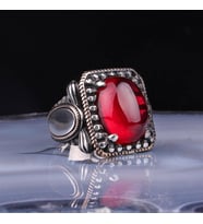925 Ayar Gümüş Kırmızı Ruby Taşlı Erkek Yüzük