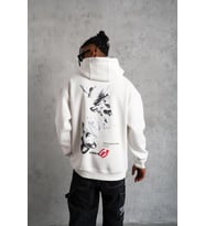 Erkek 3 İplik Pamuklu Kapüşonlu Baskılı Cepli Oversize Sweatshirt Hoodie - Beyaz