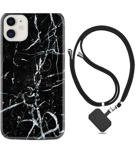 Apple iPhone 11 12 13 Mini Kılıf Boyun Askılı Silikon Black Marble 3 1382