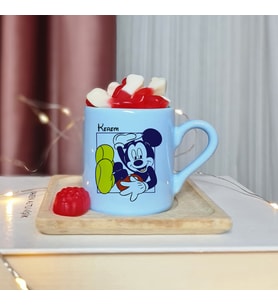 Mickey Mouse Tasarımlı Kişiye Özel Mavi Türk Kahvesi Fincanı