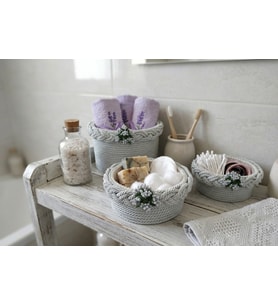 Renklievim Atölye 3'lü Organizer SPT-SET-001 El Yapımı Kordon İp İncili Çok Amaçlı Ev Ve Banyo Düzenleyici Dekoratif Sepet Seti