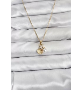 316L Çelik Zincir Gold Renk Deniz Kabuğu ve Deniz Yıldızı Model Zirkon Taşlı Kadın Kolye - TJ-BKO10841