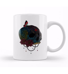 Butterfly On Colorful Skull Creepy Artist Graphic Kupa Bardak Porselen
