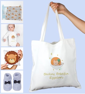 eJOYA Bebeklere Özel Çantasında Kişiye Özel Battaniye Zıbın Yastık Ve Patik Bebek Hediye Seti 109923 (Mavi)