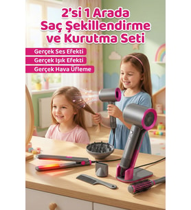2'si 1 Arada Oyuncak Kuaför Seti - Işıklı Sesli ve Hava Üfleyen Fön, Düzleştirici ve Taraklar