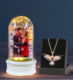 Kişiye Özel Fotoğraflı Led Işıklı Fanus ve Renkli Zümrüdü Anka Kuşu Kolyesi