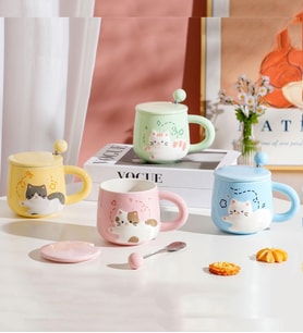 Pastel Renkli Sevimli Kedi Seramik Kupa