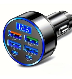 6 Portlu Hızlı Araç Şarj Cihazı – 4 USB + 2 Type-C Çıkışlı Dijital Göstergeli Oto Şarjı