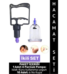 #HacamatSeti Islak Kuru Kullanıma Uygun 4 Parmak Pompa 10 Adet 6 No Kupa Çekme İkili Hacamat Seti
