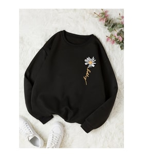 Unisex Papatya Baskılı Oversize Sweatshirt (Siyah)