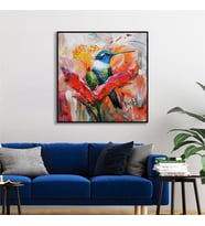 Yağlı Boya Dokulu Tablo Modern Renkli Sinek Kuşu Siyah Çerçeveli U04028
