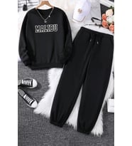 Unisex Malibu Baskılı Bisiklet Yaka Eşofman Takımı (Siyah)