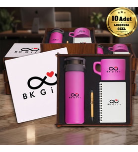 Logonuza Özel 10 Adet Ahşap Kutulu Pembe Kurumsal Hediye Seti – Cam Suluk, Seramik Fincan, Defter ve Kalemli Promosyon Seti