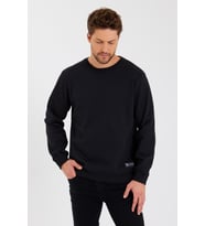 Siyah Bisiklet Yaka Etiket Detaylı İçi Pamuklu Erkek Sweatshirt (Siyah)