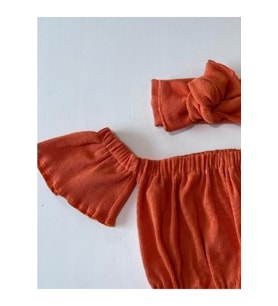 Kız Çocuk, Likralı Deri Fiyonk Detaylı Pantolon, Turuncu Straplez Crop Bluz Ve Saç Bandı Takımı.