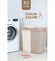İkili Dokunmatik Çamaşır Sepeti ve Çöp Kovası Seti, KAHVE-KREM