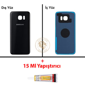 Samsung Galaxy S7 Edge Siyah Renk Arka Kapak + B7000 Yapıştırıcı Arka Cam Batarya Kapağı Pil Kapağı Lazer Kesim Back Cover Galaxy S7 Edge Uyumlu