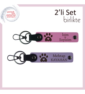 Evcil Hayvan Anısına Uygun Kalıcı Hatıra, Pati ve Kalp Motifli Anahtarlık Takımı, Pembe-Mor Menekşe