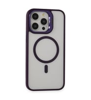 İPhone 15 Pro Uyumlu Kılıf ve Lens Magsafe Standlı Kamera Camlı Kapak (Mor)