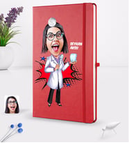 BK Gift Kişiye Özel Kadın Diş Hekimi Karikatürlü Kırmızı Termo Deri Defter 16x24cm Model 2