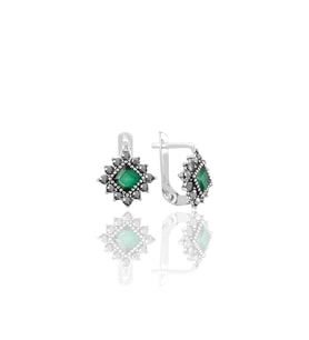 Söğütlü Silver Gümüş  markazit ve kök zümrüt taşlı baklava modeli küpe