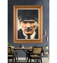 Altın Varaklı Çerçeveli Paspartulu Atatürk Tablo nh201 (Gold)