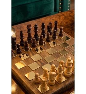 Premium Lüks Ahşap Taşlı Satranç Takımı Özel Tasarım Dekoratif VIP Hediyelik Set 20x20 cm
