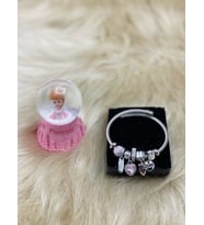 Charmlı Pandora Paslanmaz Çelik Ayarlanabilir Çelik Bileklik ve Frozen Temalı Mini Işıklı Kar Küresi