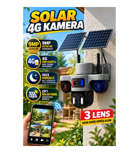 Solar 4G Güvenlik Kamerası 9MP 3 Lensli Çift Panelli Gece Görüşlü