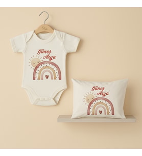 Pia Baby Premium %100 Pamuk İsme Özel Organik Baskılı Çıtçıtlı Bebek Body Ve Yastık Kılıfı 5059-19 (Ekru)