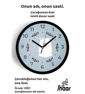 İsme Özel Sevimli Ayı Çocuk Odası Duvar Saati Orta Boy 30 cm Siyah Camlı Sessiz