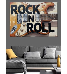 Rock And Roll Yazılı Elektrogitar İllüstrasyonu Dekoratif Kanvas - Mdf Ahşap Tablo
