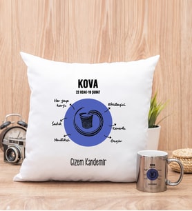 Kişiye Özel Kova Burcuna Hediye Kare Yastık ve Silver Kupa