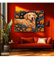 Yatay Kanvas Tablo Golden Retriever Çiçek Hayvan Tablosu Ev Ofis Duvar Dekoru