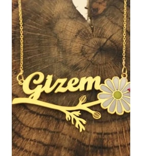 Gizem Yazılı Papatya İsim Kolye 925 Ayar Gümüş  • Sevgiliye • Eşe • Anneye Arkadaşa Kolye (Sarı)