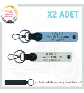 Yol Maceracılarına, İsim Plaka ve B Rh (+) Kan Grubu Yazılı Özel x2' li Anahtarlık, Mavi-Beyaz-Laci