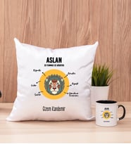 Kişiye Özel Aslan Burcuna Hediye Kare Yastık ve Siyah Kupa