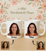 BK Gift Kişiye Özel Anne&Çocuk Karikatürlü 2'li Beyaz Kupa Bardak-1, Anneye Hediye Anneler Günü Hediyesi, Arkadaşa Hediye, Sevgiliye Hediye