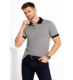 Erkek Polo Yaka Çizgili Tişört Kısa Kol Düğmeli Yazlık T-Shirt - Gri