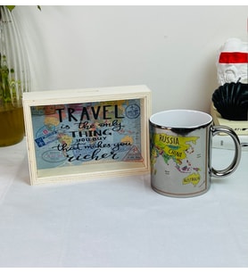 Travel Journal Tasarımlı Ahşap Kumbara Ve Dünya Haritası Gümüş Kupa Set