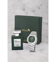 Polo Air Takvimli Erkek Kol Saati Ve 55ml Parfüm Hediyelik Kutusunda Set Gümüş Yeşil Renk ST-5009E3 (Açık Yeşil-Gümüş)