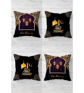 Eid Mübarak Ramazan Hilal Cami Desen Gizli Fermuar Kırlent Kılıfı Koltuk Yastık Kılıfı Takım(4adet) (Mor)