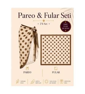 Tarzını Seç Premium Kahverengi Puantiyeli 2’li Yırtmaçlı Bağlamalı Pareo ve Bandana Seti 155x111 cm / 70x70 cm