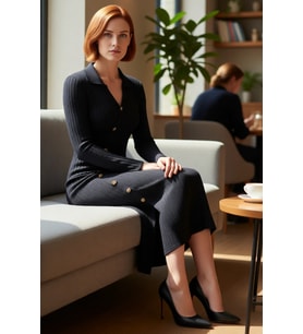Kadın Kışlık Fitilli Akrilik Triko Midi Elbise Bodycon Kesim Asimetrik Düğme Detaylı Uzun Kollu