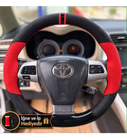 Toyota RAV4 Dikme Direksiyon Kılıfı Parlak Siyah Kırmızı Detaylı Kırmızı Çift Yüzük ve Dikiş 2009-2012