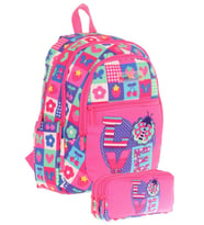 Kaukko Kız Çocuk Dört Gözlü Okul Çantası ve Üç Gözlü Kalem Çantası Seti - Pembe Mavi - Love (L5229+L8229)