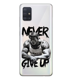 Samsung Galaxy A71 Uyumlu Arnold Fitness Never Give Up Desenli Şeffaf Telefon Kılıfı